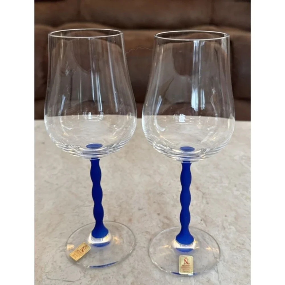 Nachtmann Lead Crystal Wine Glasses Wavy Cobalt Blue Stem Set of 2 Germany 7